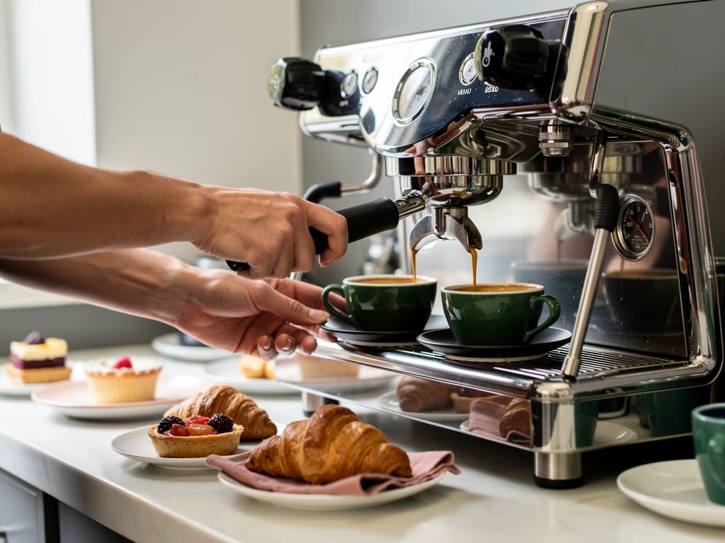 Preparazione di un espresso al bancone con servizio di pasticceria