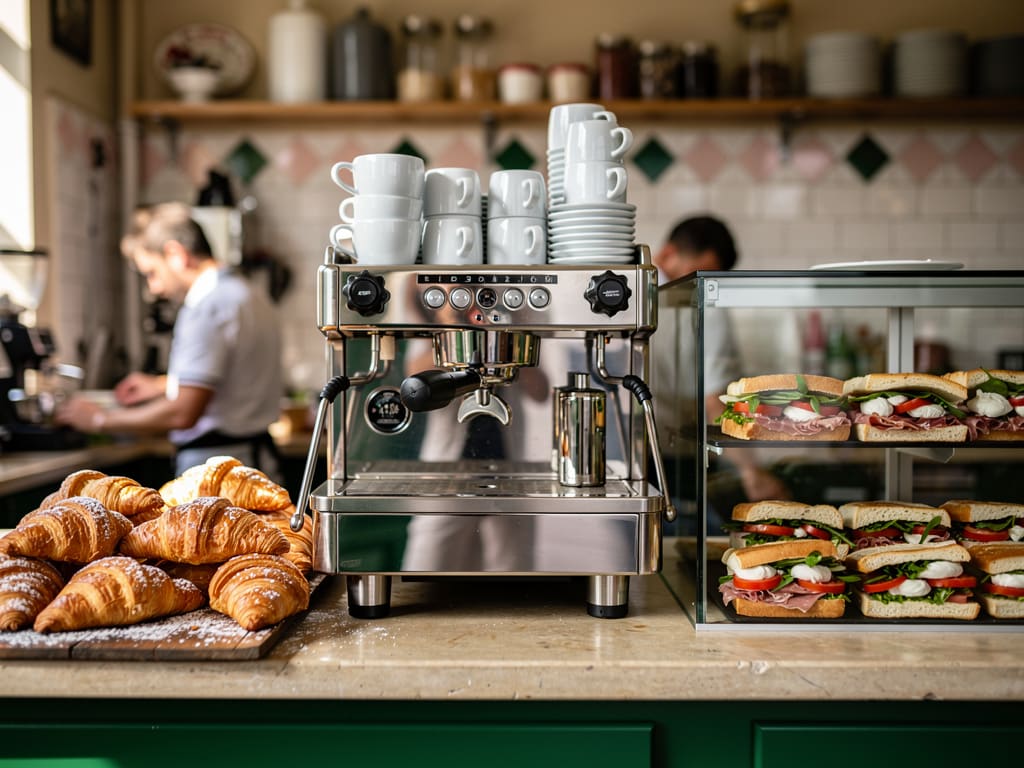 Bancone di una caffetteria italiana con macchina per espresso, cornetti e panini